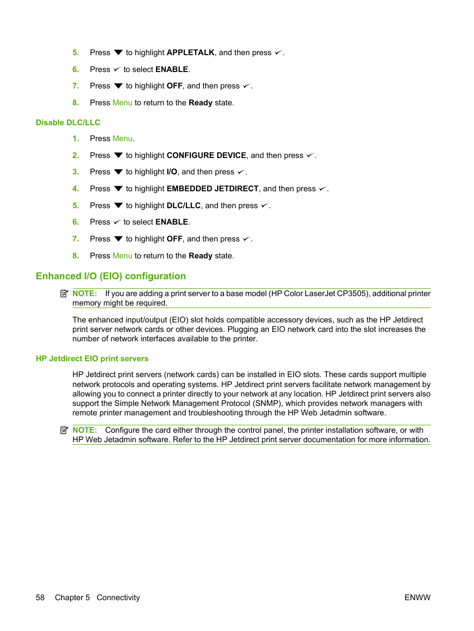 Disable dlc/llc, Enhanced i/o (eio) configuration, Hp jetdirect eio print servers | HP Color LaserJet CP3505 Printer series User Manual | Page 70 / 226