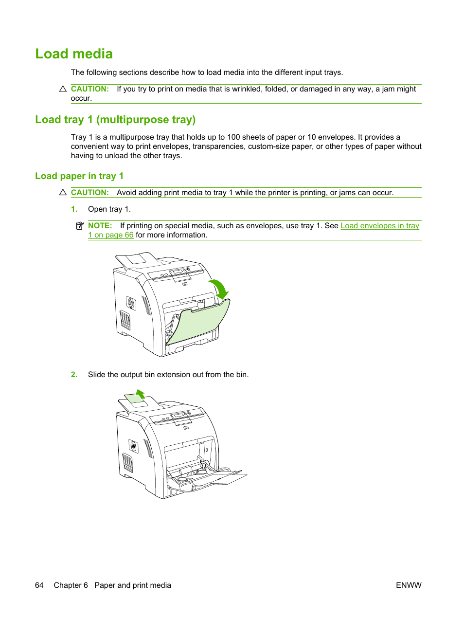 Load media, Load tray 1 (multipurpose tray), Load paper in tray 1 | HP Color LaserJet CP3505 Printer series User Manual | Page 76 / 226