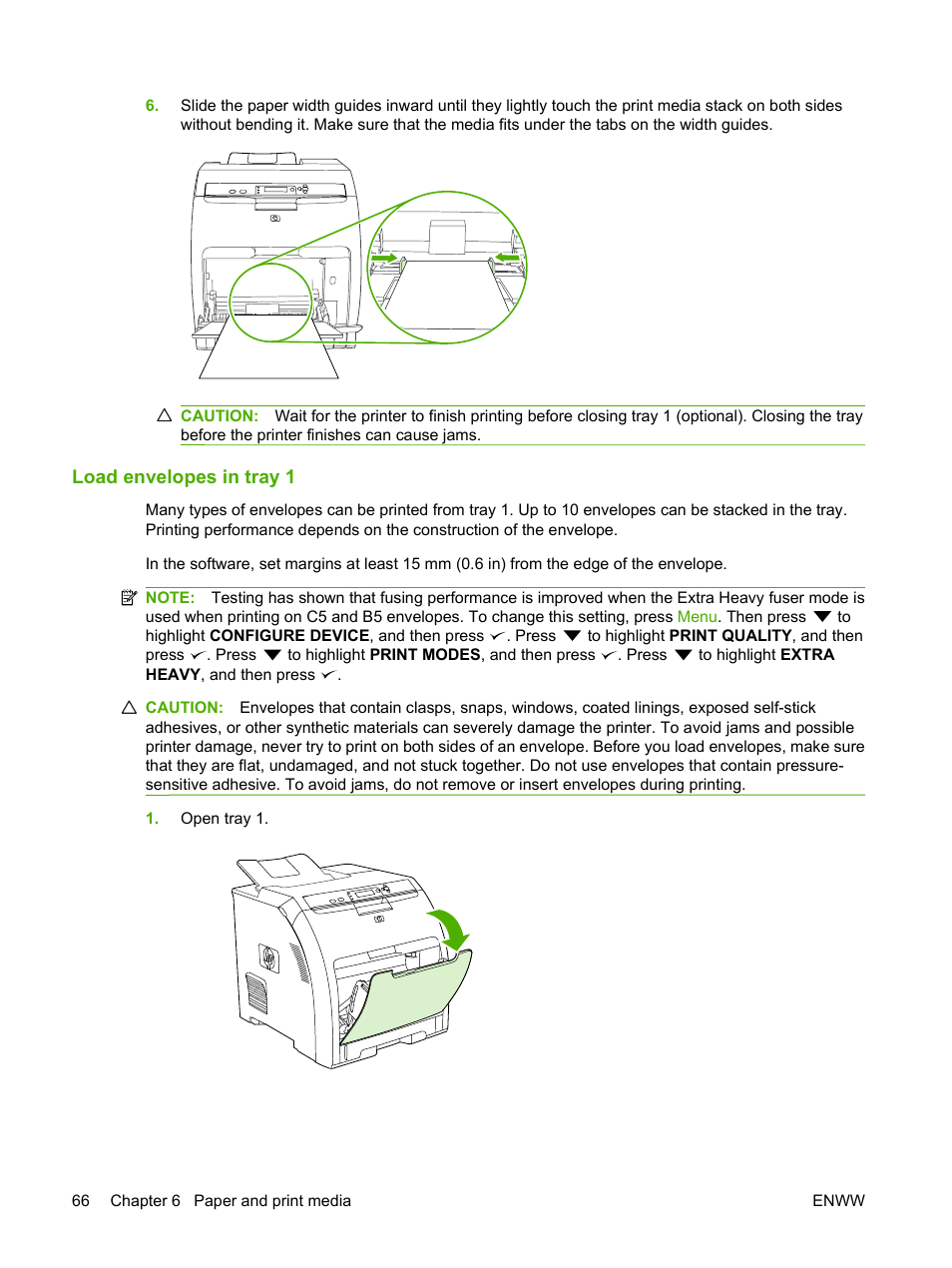 Load envelopes in tray 1 | HP Color LaserJet CP3505 Printer series User Manual | Page 78 / 226