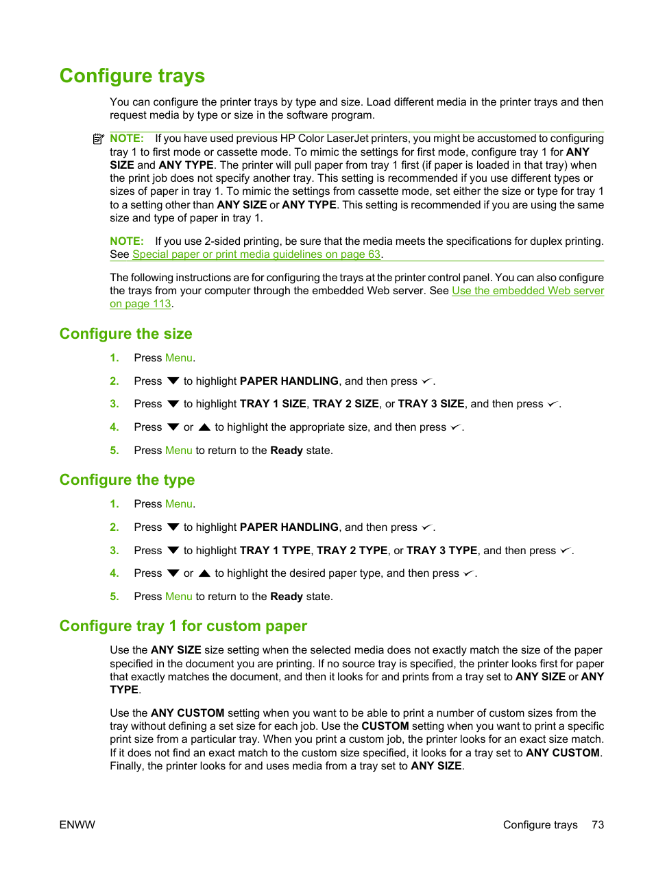 Configure trays, Configure the size, Configure the type | Configure tray 1 for custom paper | HP Color LaserJet CP3505 Printer series User Manual | Page 85 / 226