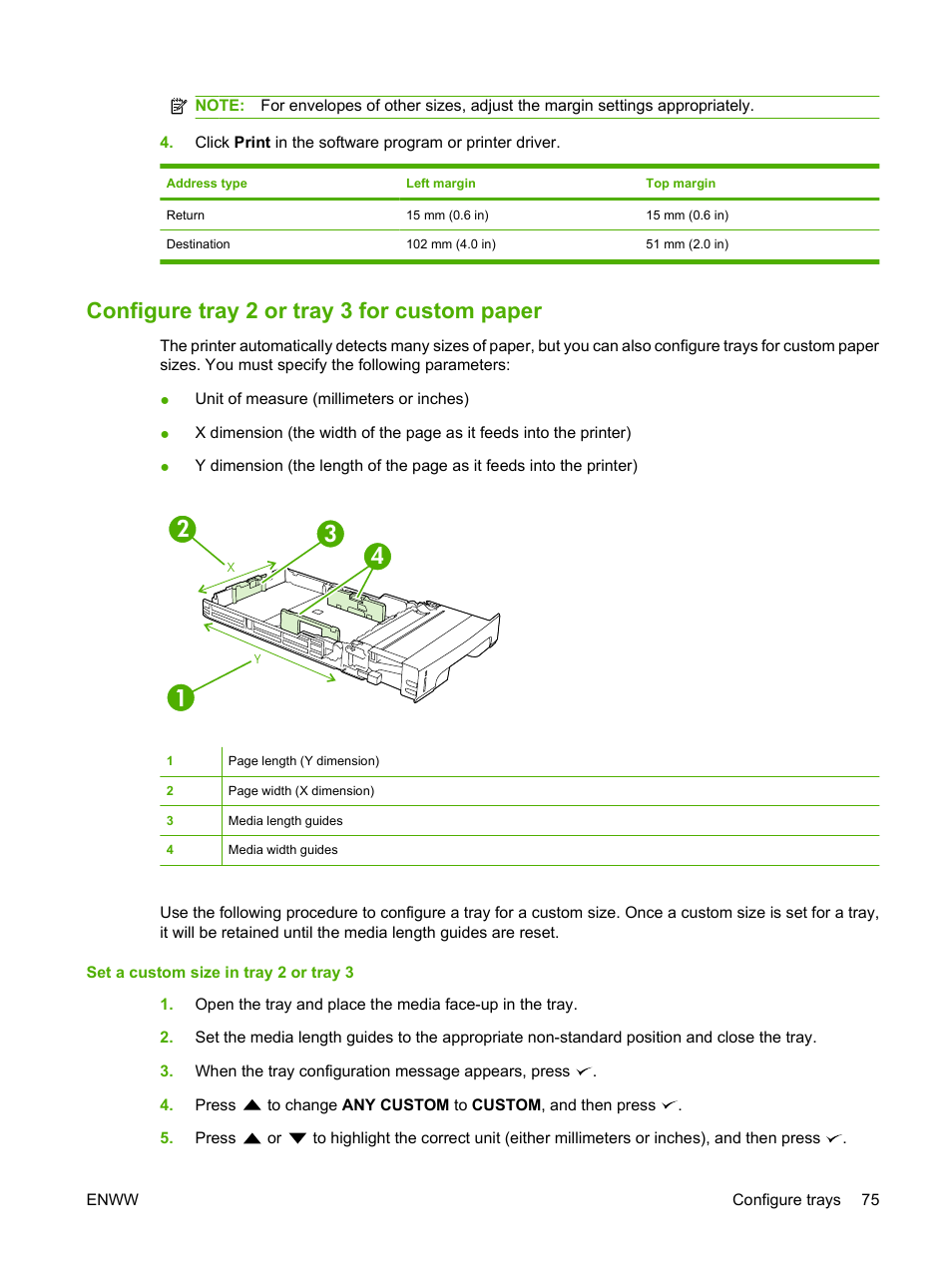 Configure tray 2 or tray 3 for custom paper | HP Color LaserJet CP3505 Printer series User Manual | Page 87 / 226