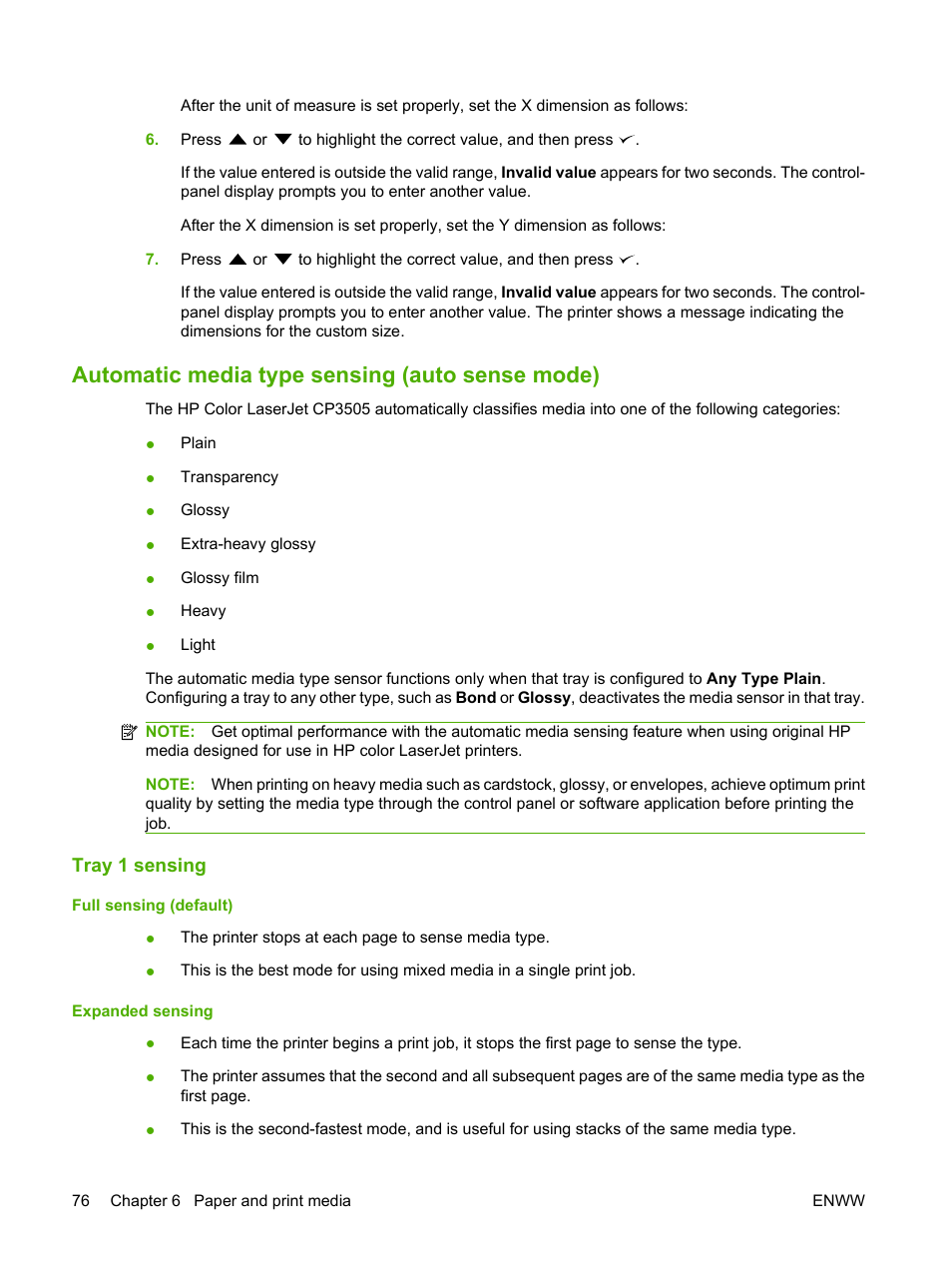Automatic media type sensing (auto sense mode), Tray 1 sensing | HP Color LaserJet CP3505 Printer series User Manual | Page 88 / 226