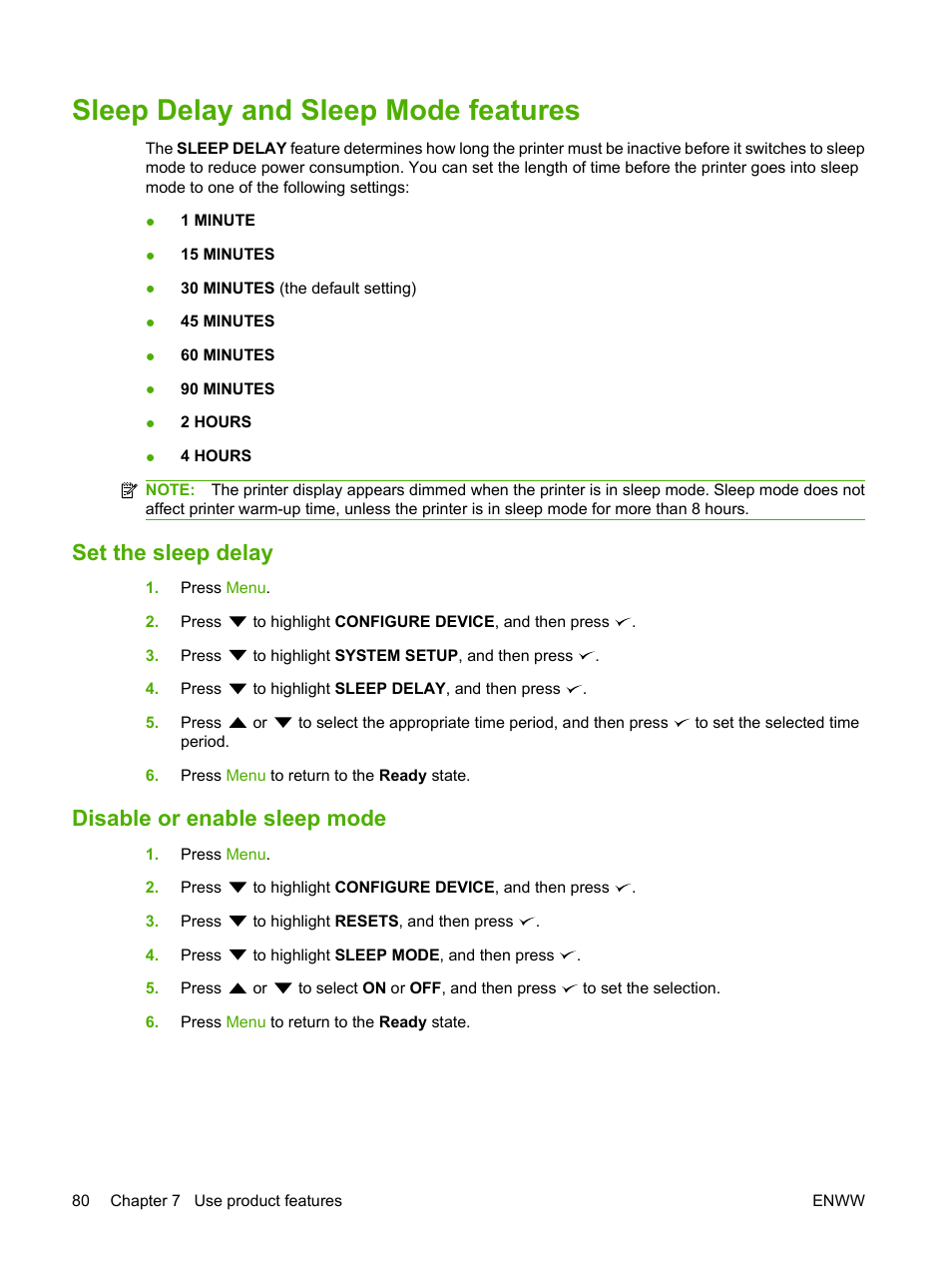 Sleep delay and sleep mode features, Set the sleep delay, Disable or enable sleep mode | Set the sleep delay disable or enable sleep mode | HP Color LaserJet CP3505 Printer series User Manual | Page 92 / 226