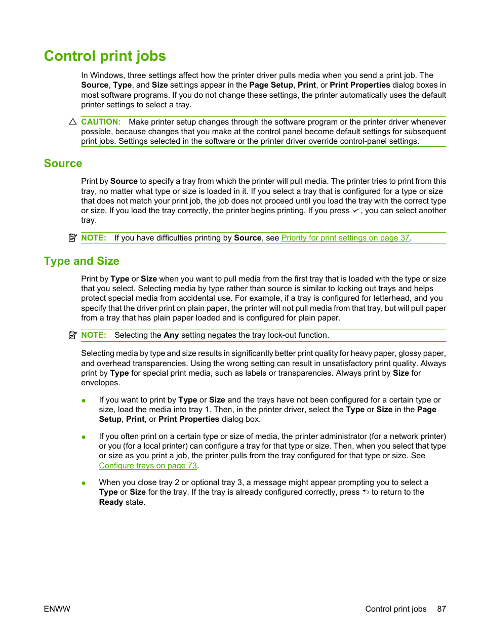 Control print jobs, Source, Type and size | Source type and size | HP Color LaserJet CP3505 Printer series User Manual | Page 99 / 226