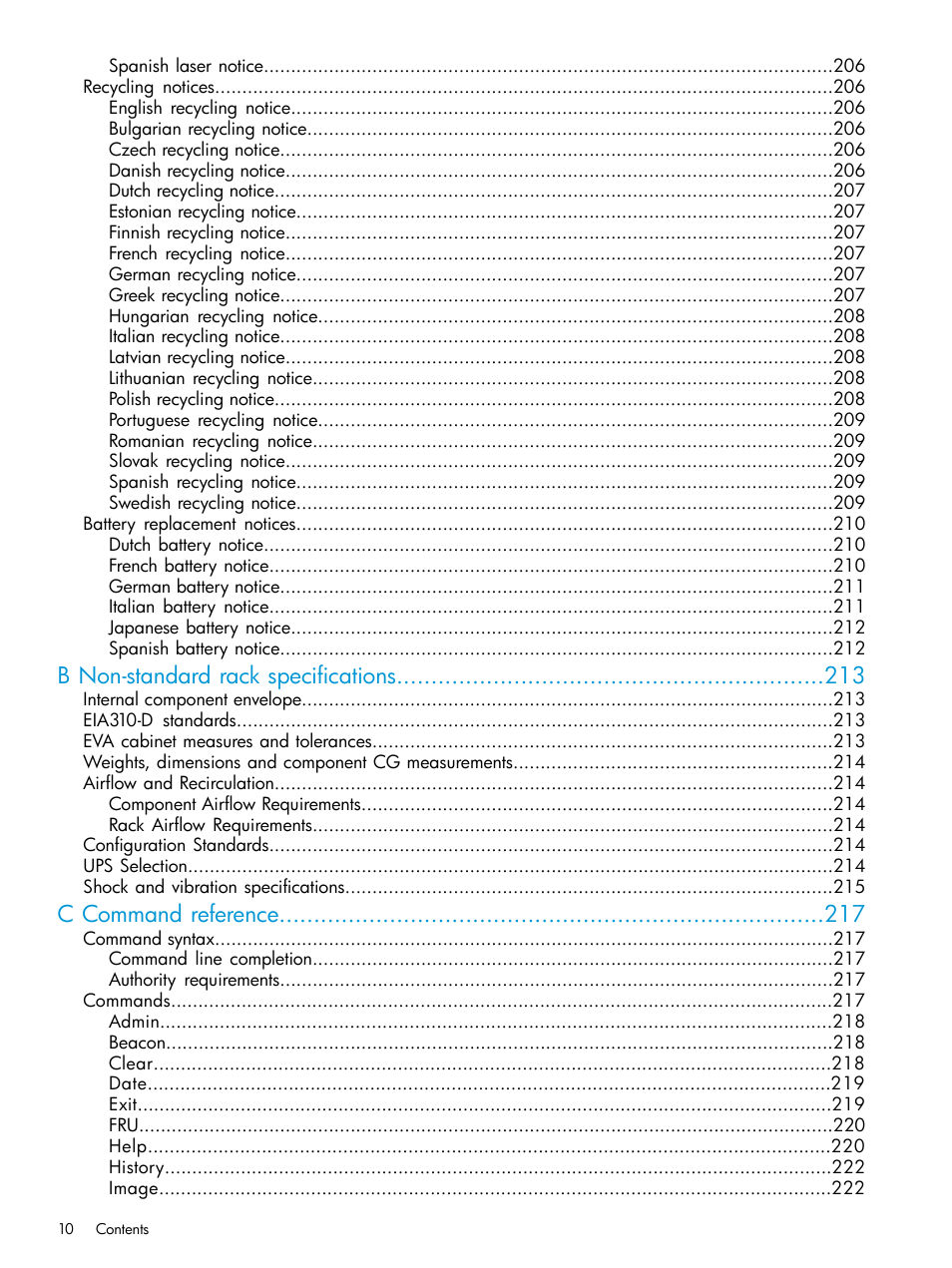 B non-standard rack specifications, C command reference | HP EVA P6000 Storage User Manual | Page 10 / 316
