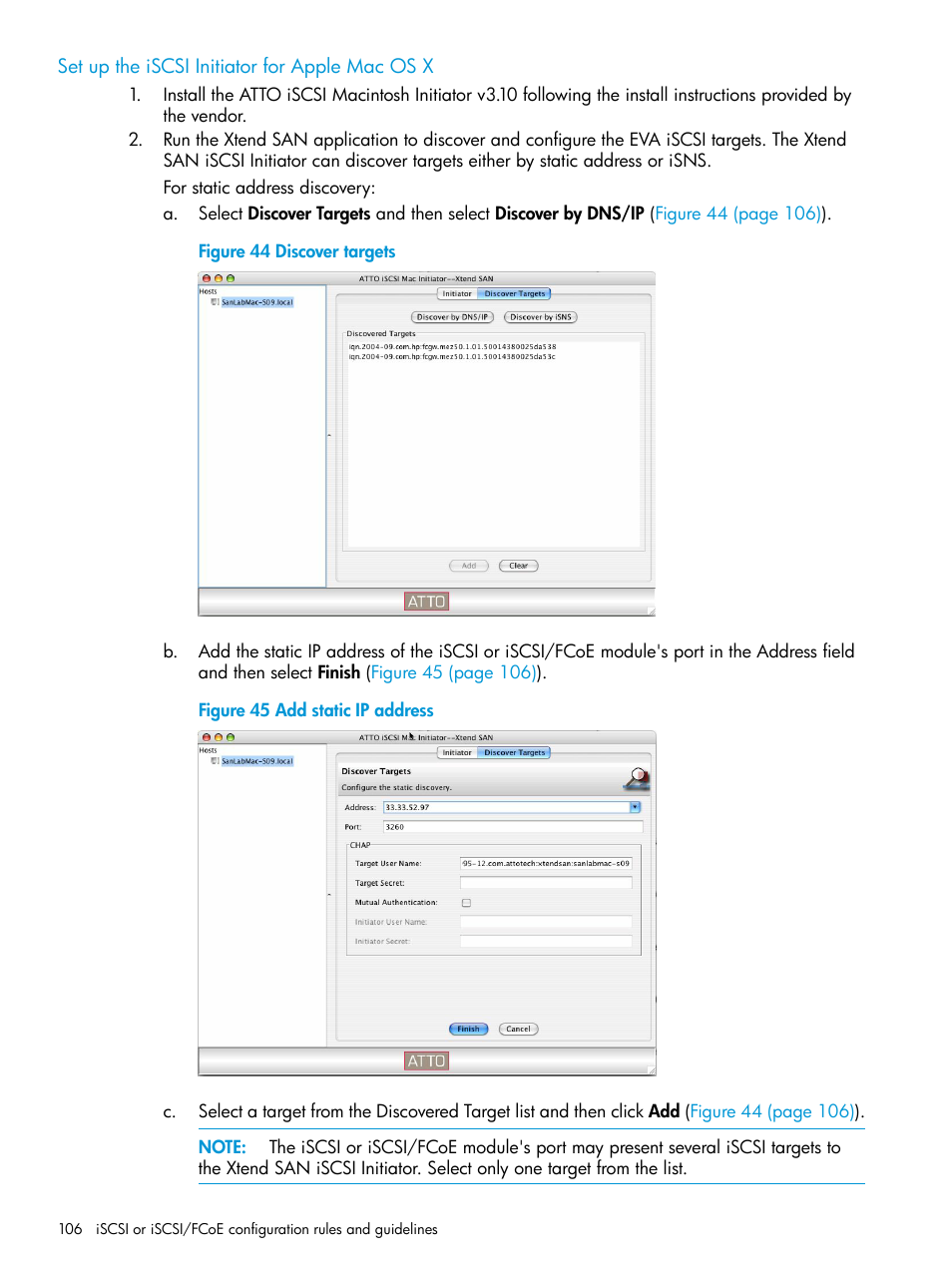 Set up the iscsi initiator for apple mac os x | HP EVA P6000 Storage User Manual | Page 106 / 316