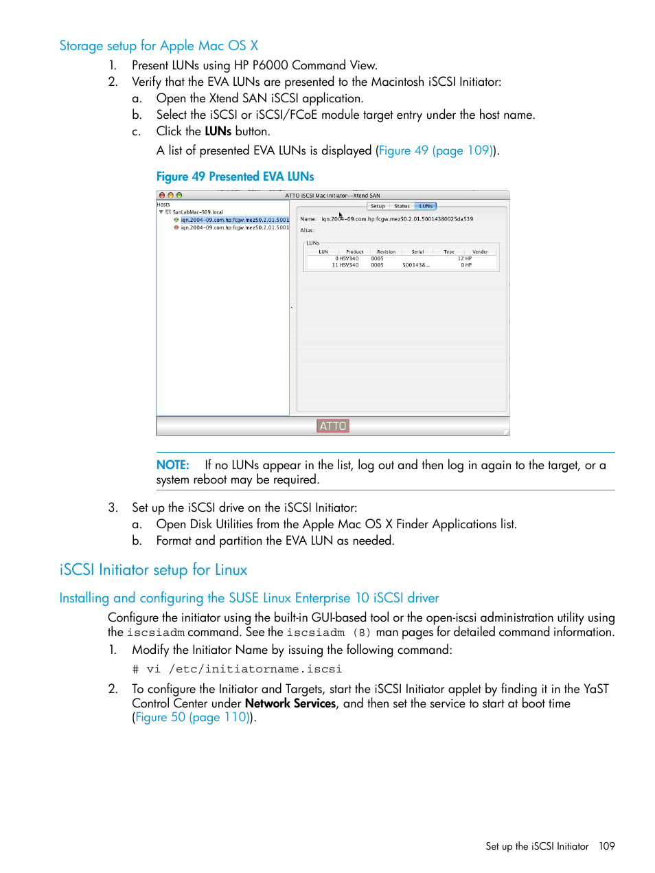 Storage setup for apple mac os x, Iscsi initiator setup for linux | HP EVA P6000 Storage User Manual | Page 109 / 316