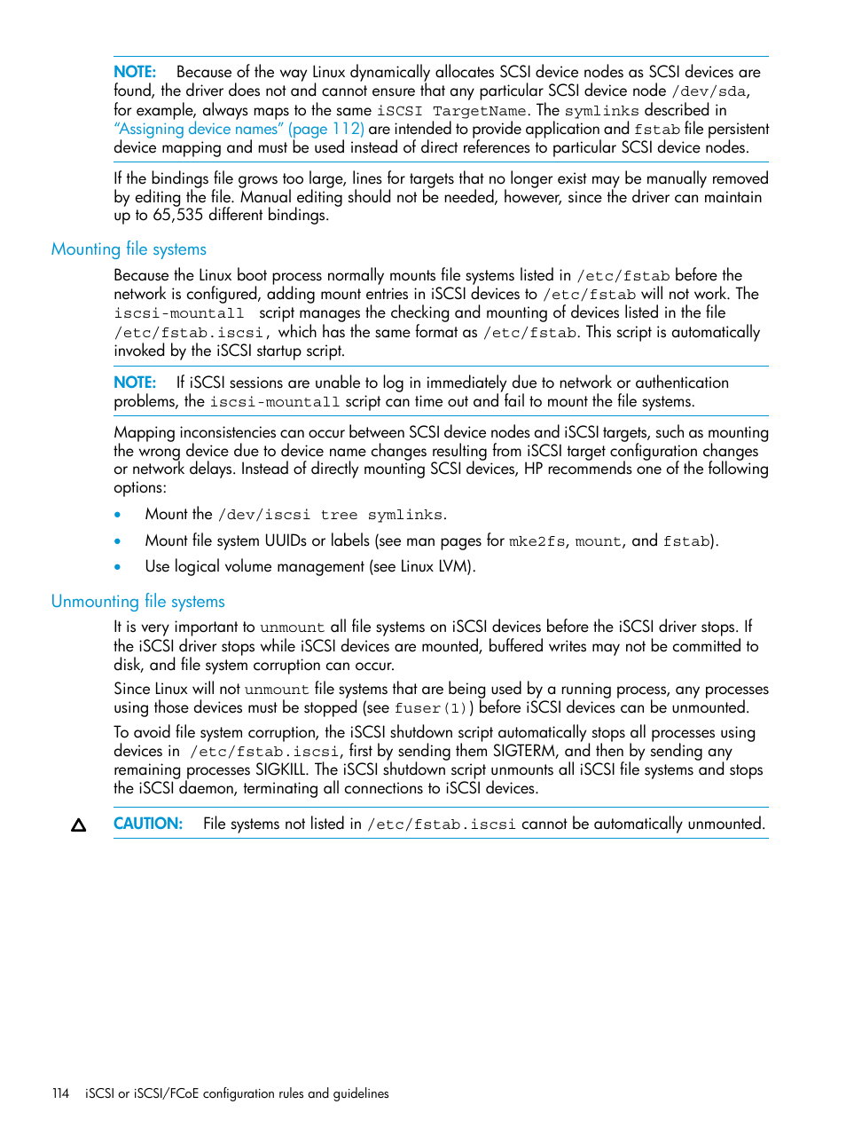 Mounting file systems, Unmounting file systems, Mounting file systems unmounting file systems | HP EVA P6000 Storage User Manual | Page 114 / 316