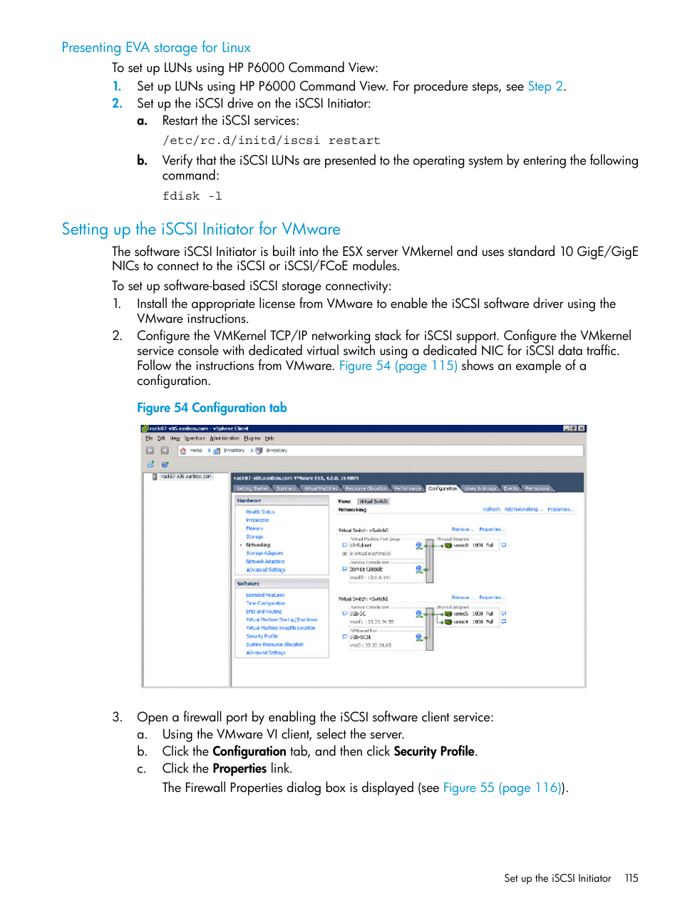 Presenting eva storage for linux, Setting up the iscsi initiator for vmware | HP EVA P6000 Storage User Manual | Page 115 / 316