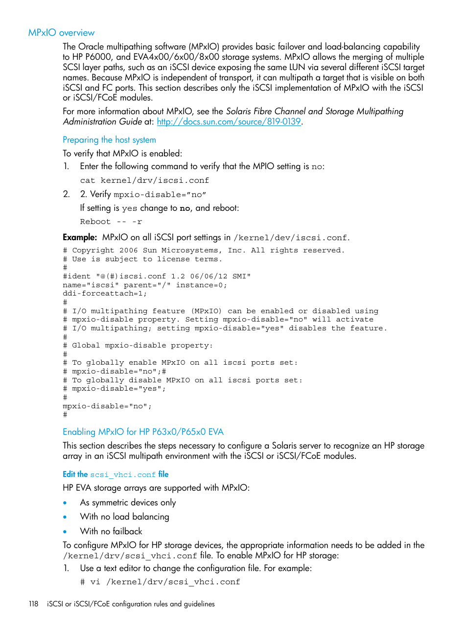 Mpxio overview, Preparing the host system, Enabling mpxio for hp p63x0/p65x0 eva | Edit the scsi_vhci.conf file | HP EVA P6000 Storage User Manual | Page 118 / 316
