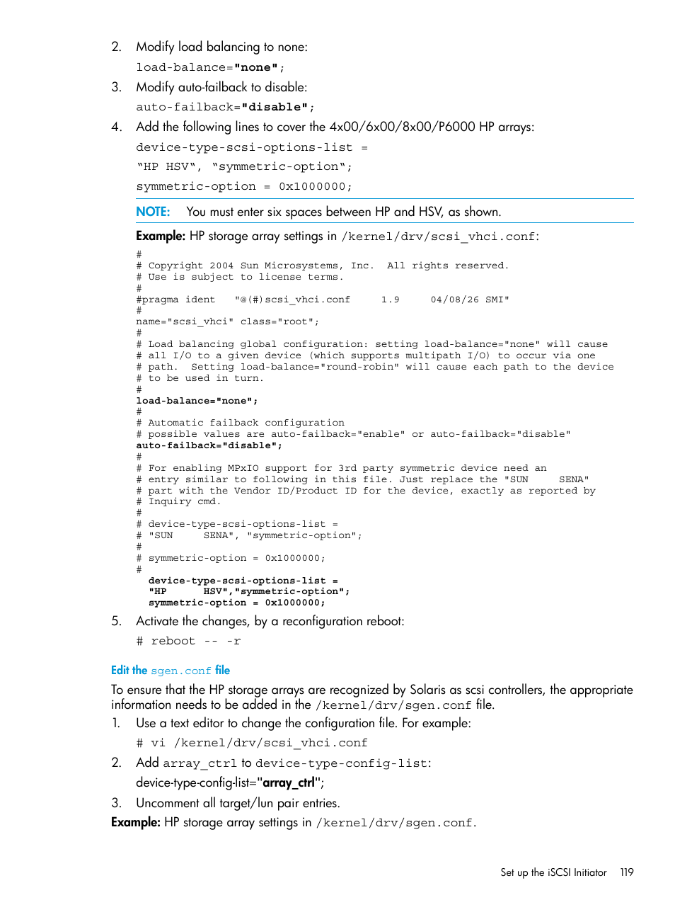 Edit the sgen.conf file | HP EVA P6000 Storage User Manual | Page 119 / 316