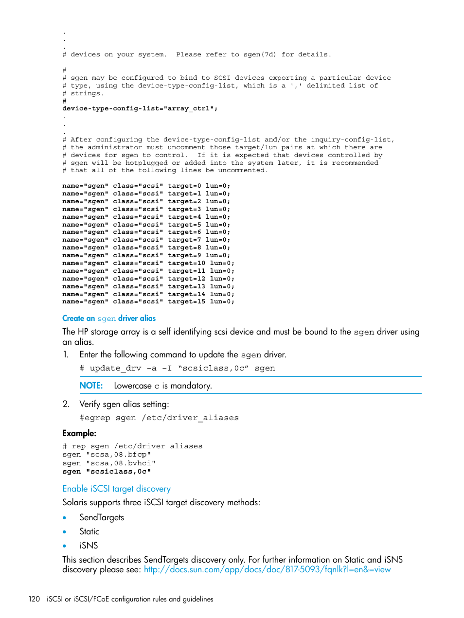 Create an sgen driver alias, Enable iscsi target discovery | HP EVA P6000 Storage User Manual | Page 120 / 316