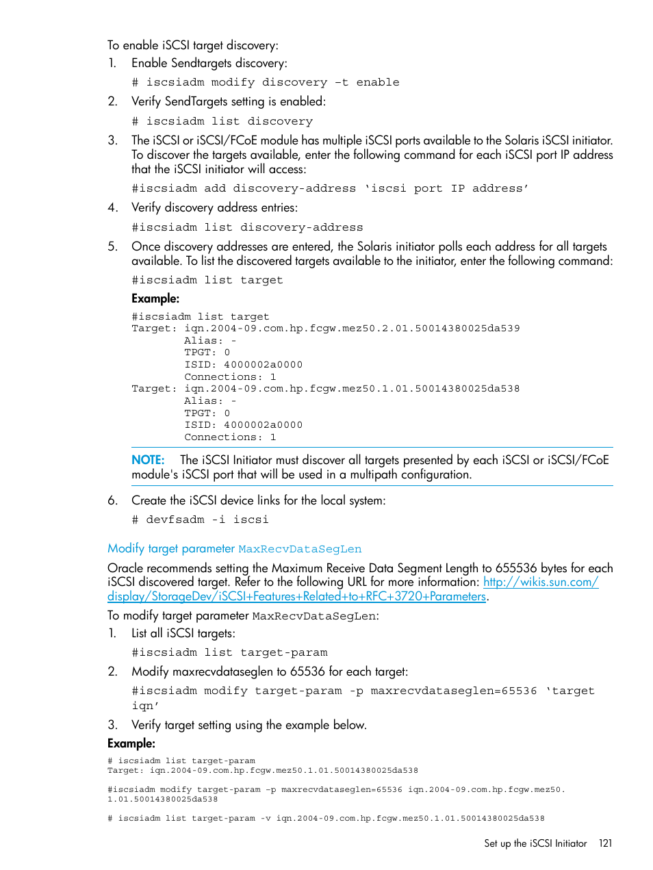 Modify target parameter maxrecvdataseglen | HP EVA P6000 Storage User Manual | Page 121 / 316
