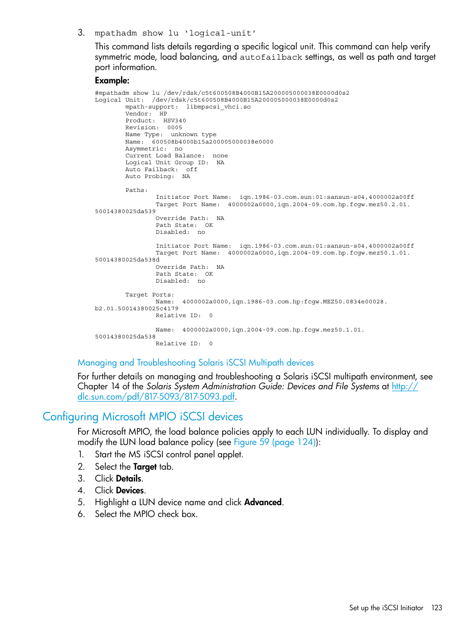Configuring microsoft mpio iscsi devices | HP EVA P6000 Storage User Manual | Page 123 / 316