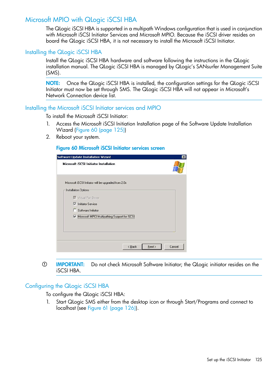 Microsoft mpio with qlogic iscsi hba, Installing the qlogic iscsi hba, Configuring the qlogic iscsi hba | HP EVA P6000 Storage User Manual | Page 125 / 316
