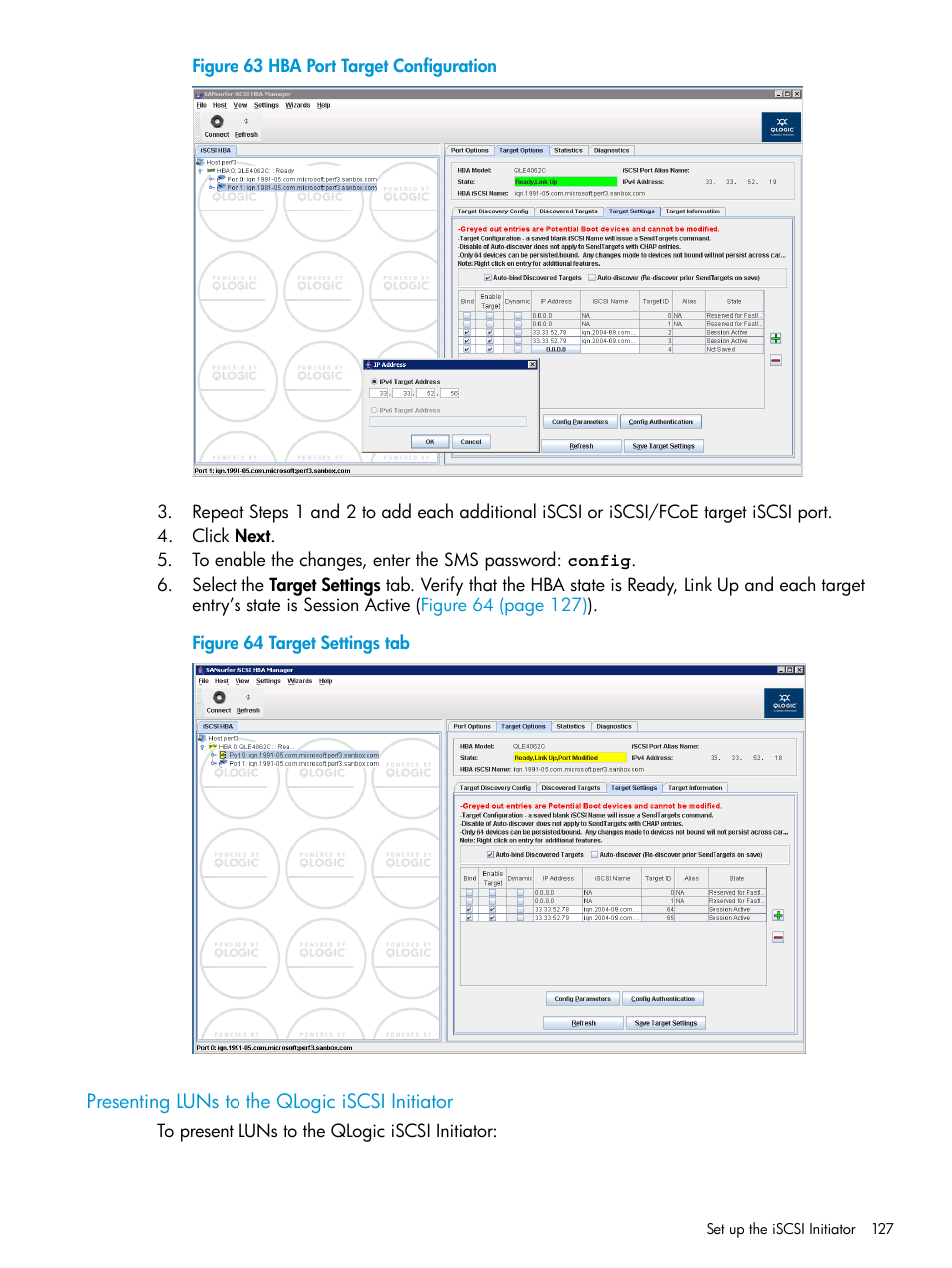 Presenting luns to the qlogic iscsi initiator | HP EVA P6000 Storage User Manual | Page 127 / 316