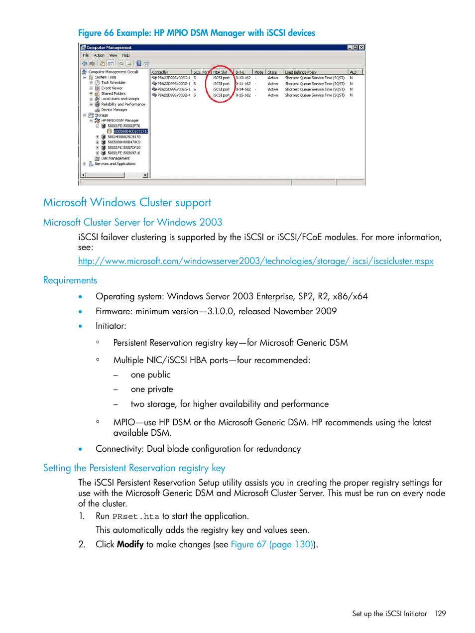 Microsoft windows cluster support, Microsoft cluster server for windows 2003, Requirements | Setting the persistent reservation registry key | HP EVA P6000 Storage User Manual | Page 129 / 316