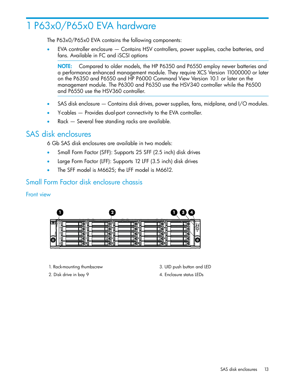 1 p63x0/p65x0 eva hardware, Sas disk enclosures, Small form factor disk enclosure chassis | Front view | HP EVA P6000 Storage User Manual | Page 13 / 316