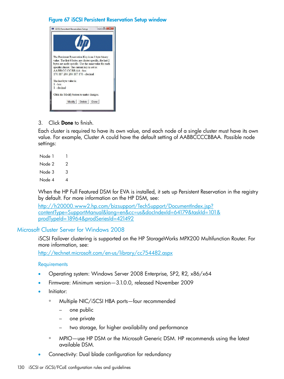 Microsoft cluster server for windows 2008, Requirements | HP EVA P6000 Storage User Manual | Page 130 / 316
