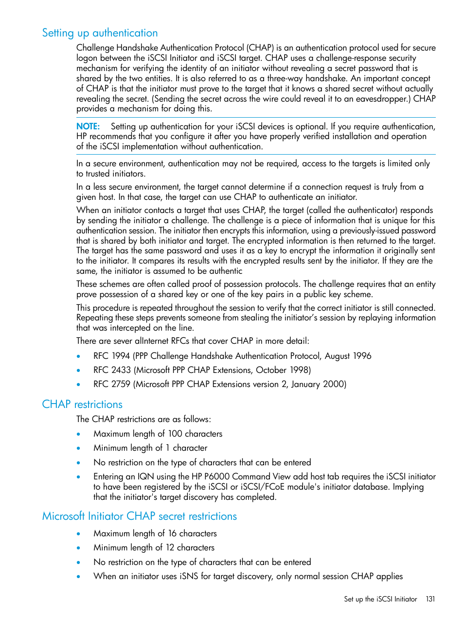 Setting up authentication, Chap restrictions, Microsoft initiator chap secret restrictions | HP EVA P6000 Storage User Manual | Page 131 / 316