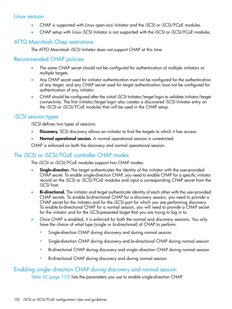 Linux version, Atto macintosh chap restrictions, Recommended chap policies | Iscsi session types, The iscsi or iscsi/fcoe controller chap modes | HP EVA P6000 Storage User Manual | Page 132 / 316