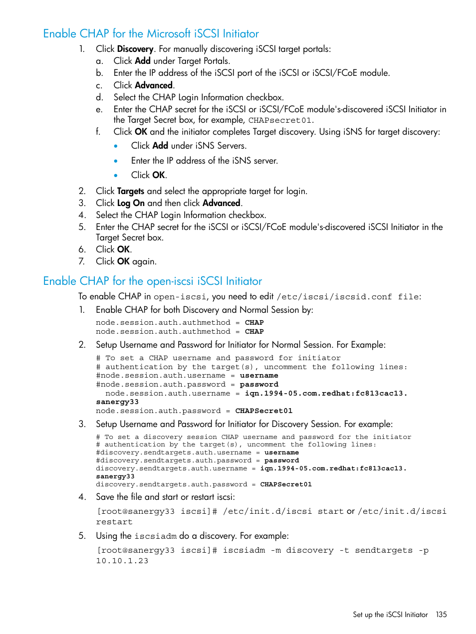 Enable chap for the microsoft iscsi initiator, Enable chap for the open-iscsi iscsi initiator | HP EVA P6000 Storage User Manual | Page 135 / 316