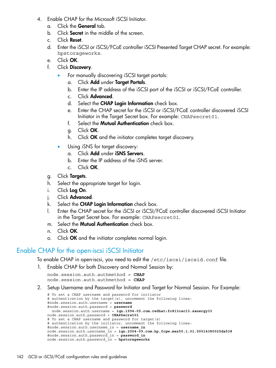 Enable chap for the open-iscsi iscsi initiator | HP EVA P6000 Storage User Manual | Page 142 / 316