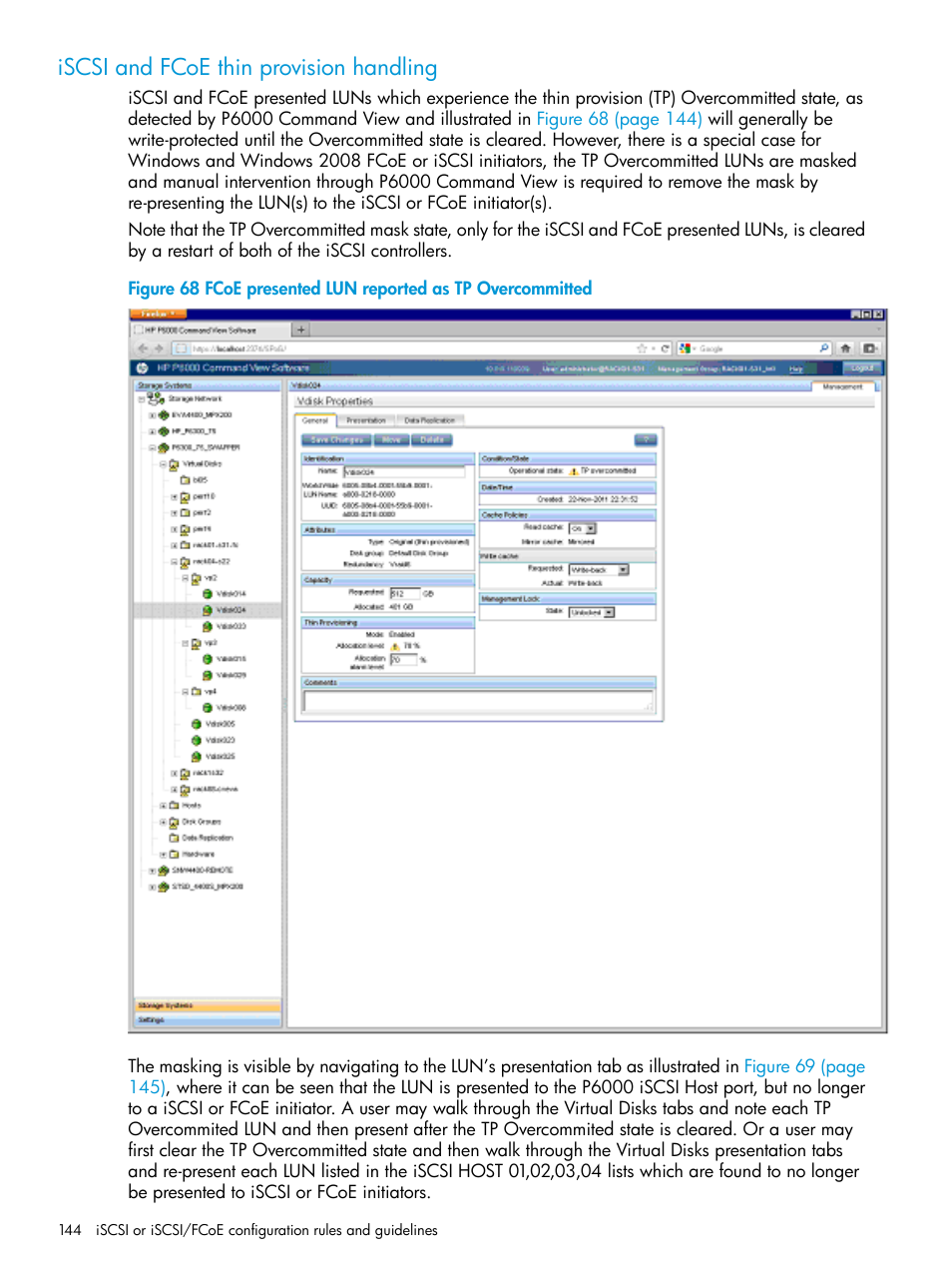 Iscsi and fcoe thin provision handling | HP EVA P6000 Storage User Manual | Page 144 / 316