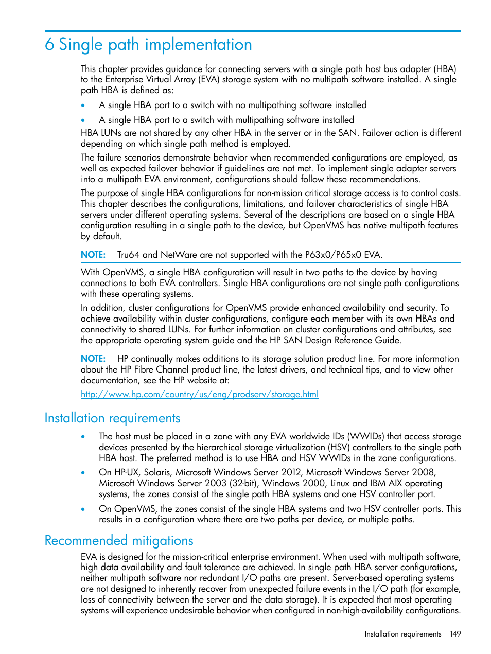 6 single path implementation, Installation requirements, Recommended mitigations | Installation requirements recommended mitigations | HP EVA P6000 Storage User Manual | Page 149 / 316