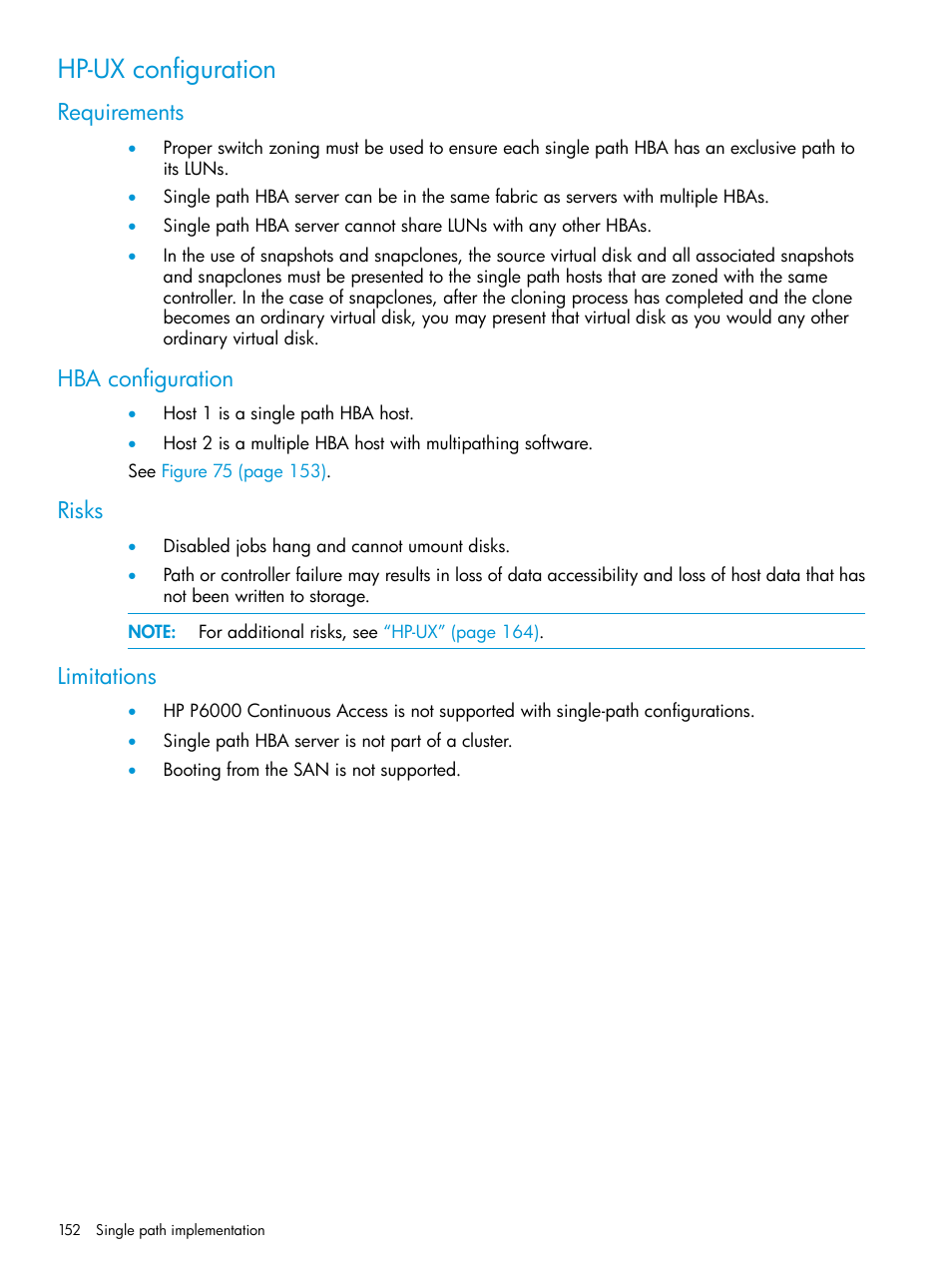 Hp-ux configuration, Requirements, Hba configuration | Risks, Limitations, Requirements hba configuration risks limitations | HP EVA P6000 Storage User Manual | Page 152 / 316