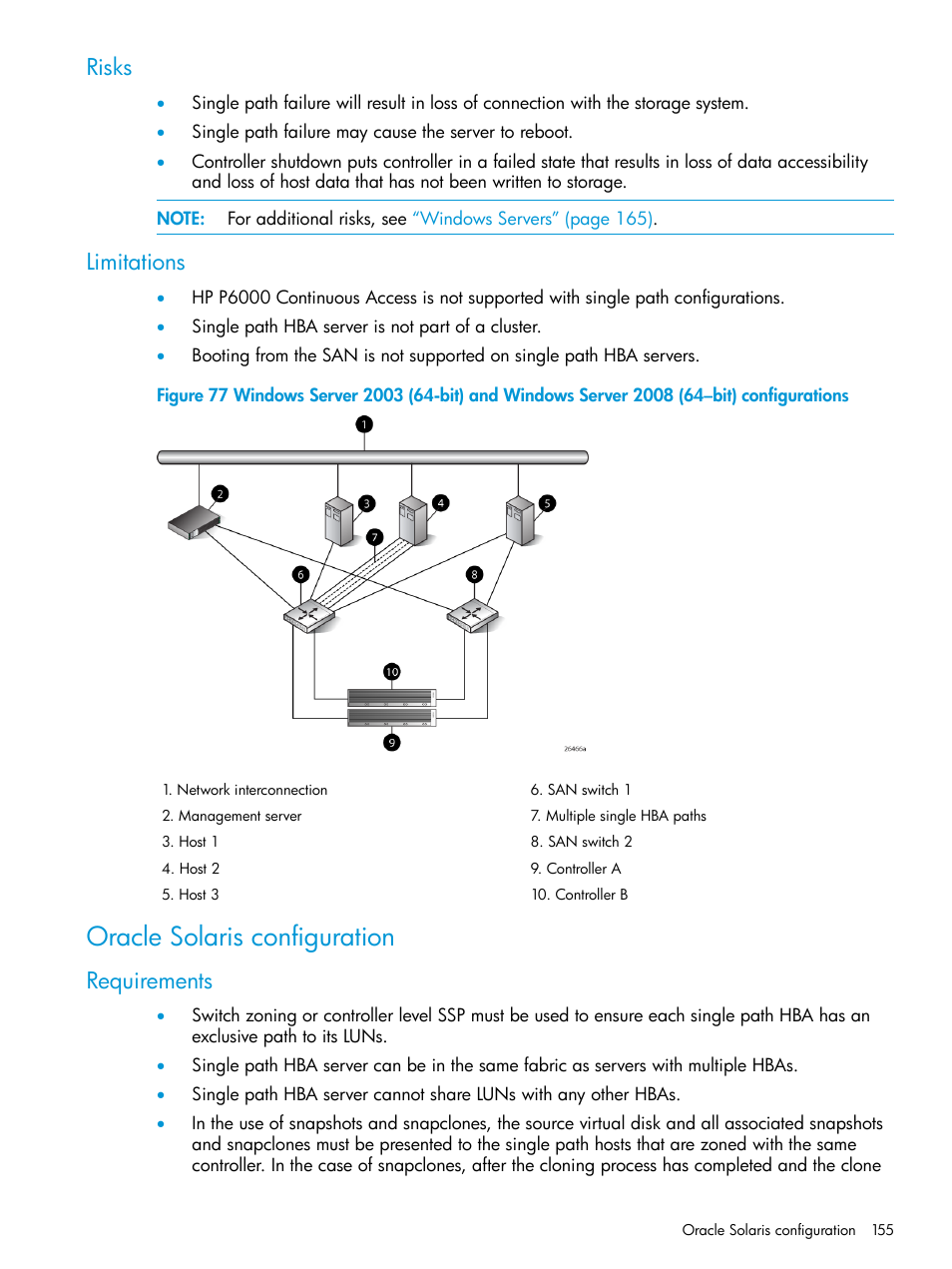 Risks, Limitations, Oracle solaris configuration | Requirements, Risks limitations | HP EVA P6000 Storage User Manual | Page 155 / 316