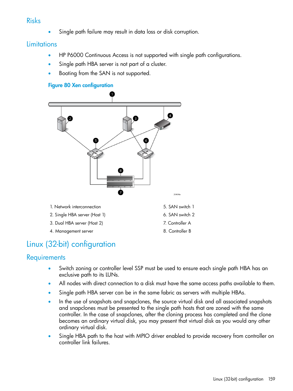 Risks, Limitations, Linux (32-bit) configuration | Requirements, Risks limitations | HP EVA P6000 Storage User Manual | Page 159 / 316