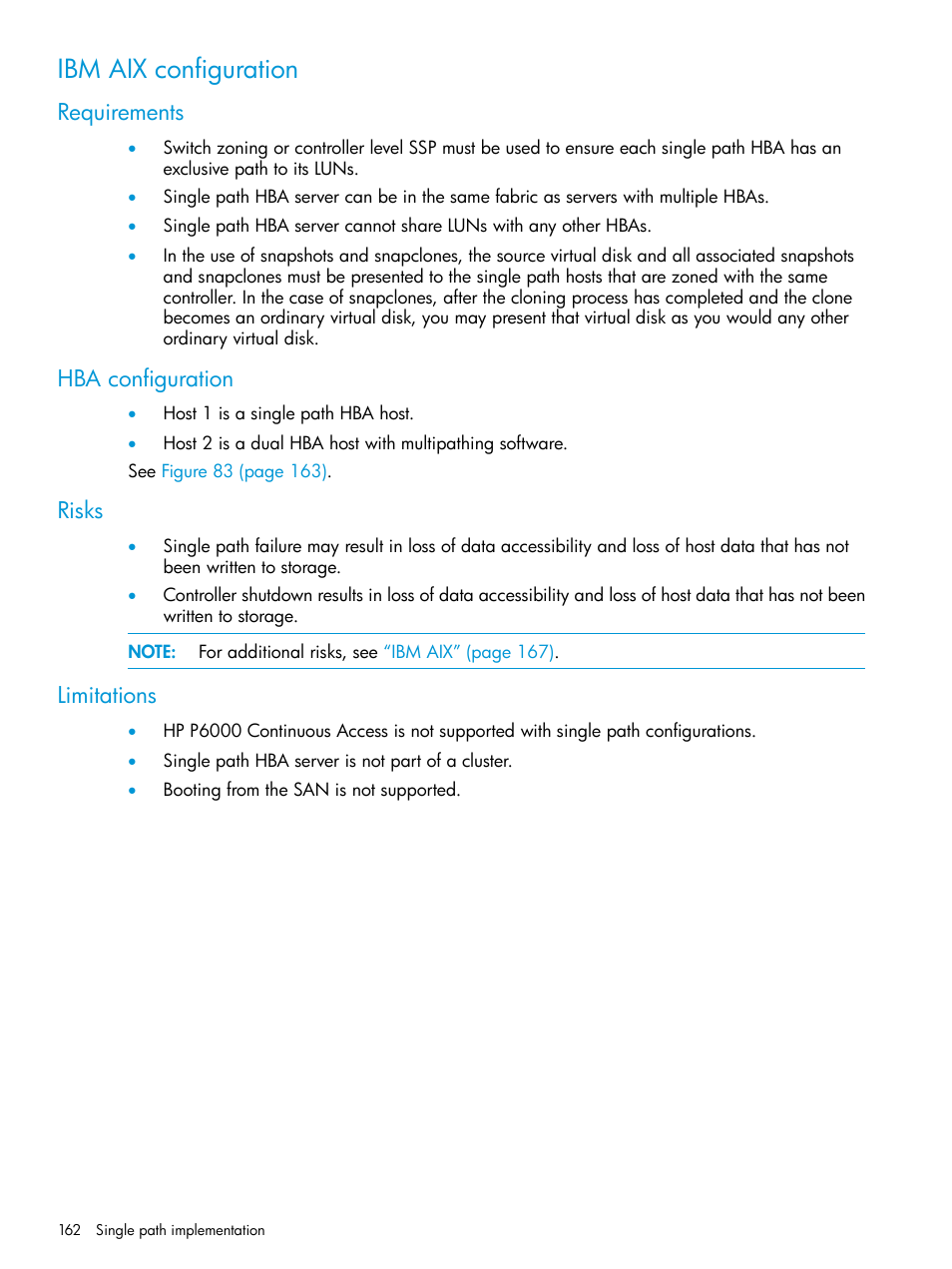 Ibm aix configuration, Requirements, Hba configuration | Risks, Limitations, Requirements hba configuration risks limitations | HP EVA P6000 Storage User Manual | Page 162 / 316