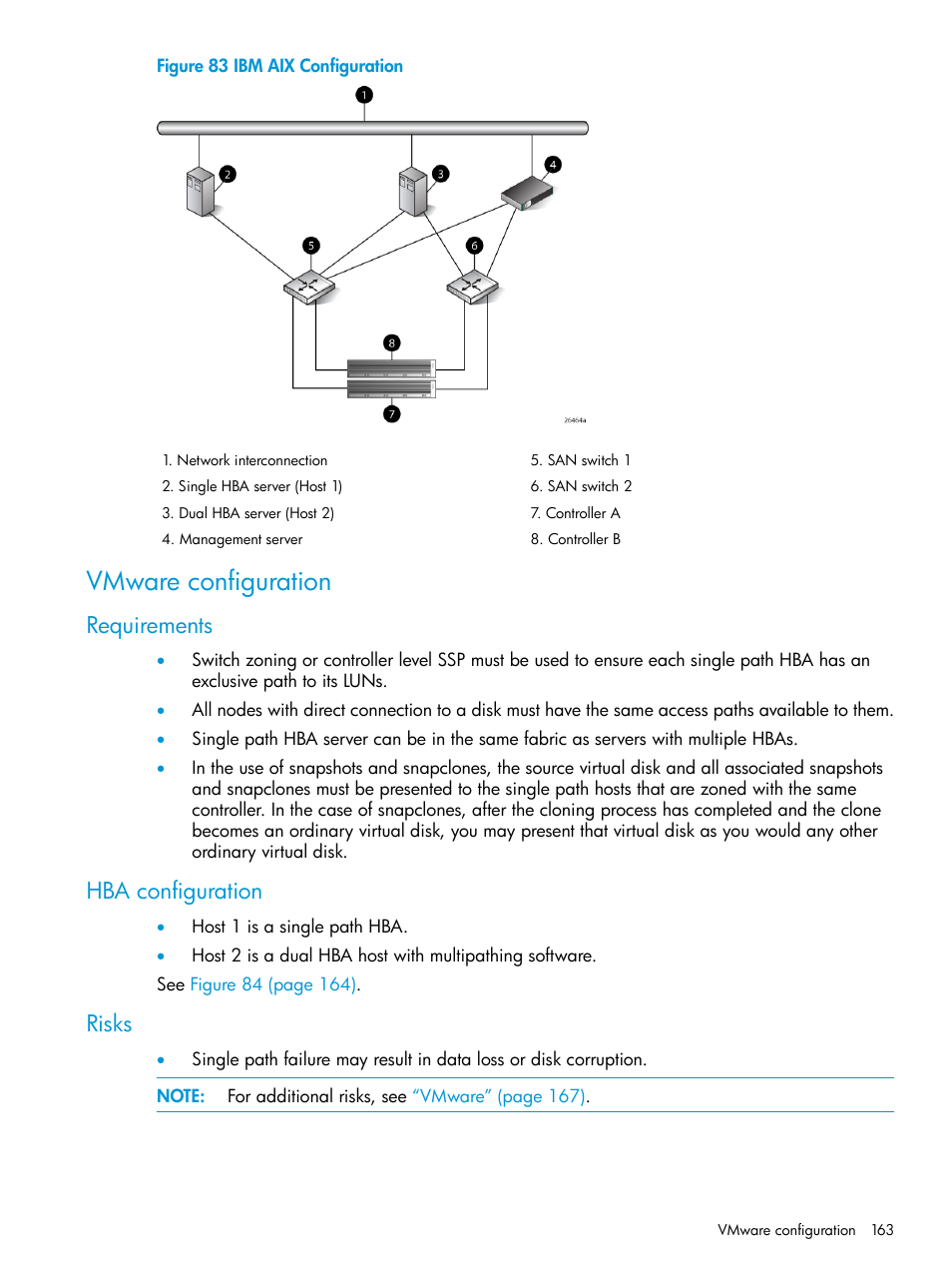 Vmware configuration, Requirements, Hba configuration | Risks, Requirements hba configuration risks | HP EVA P6000 Storage User Manual | Page 163 / 316