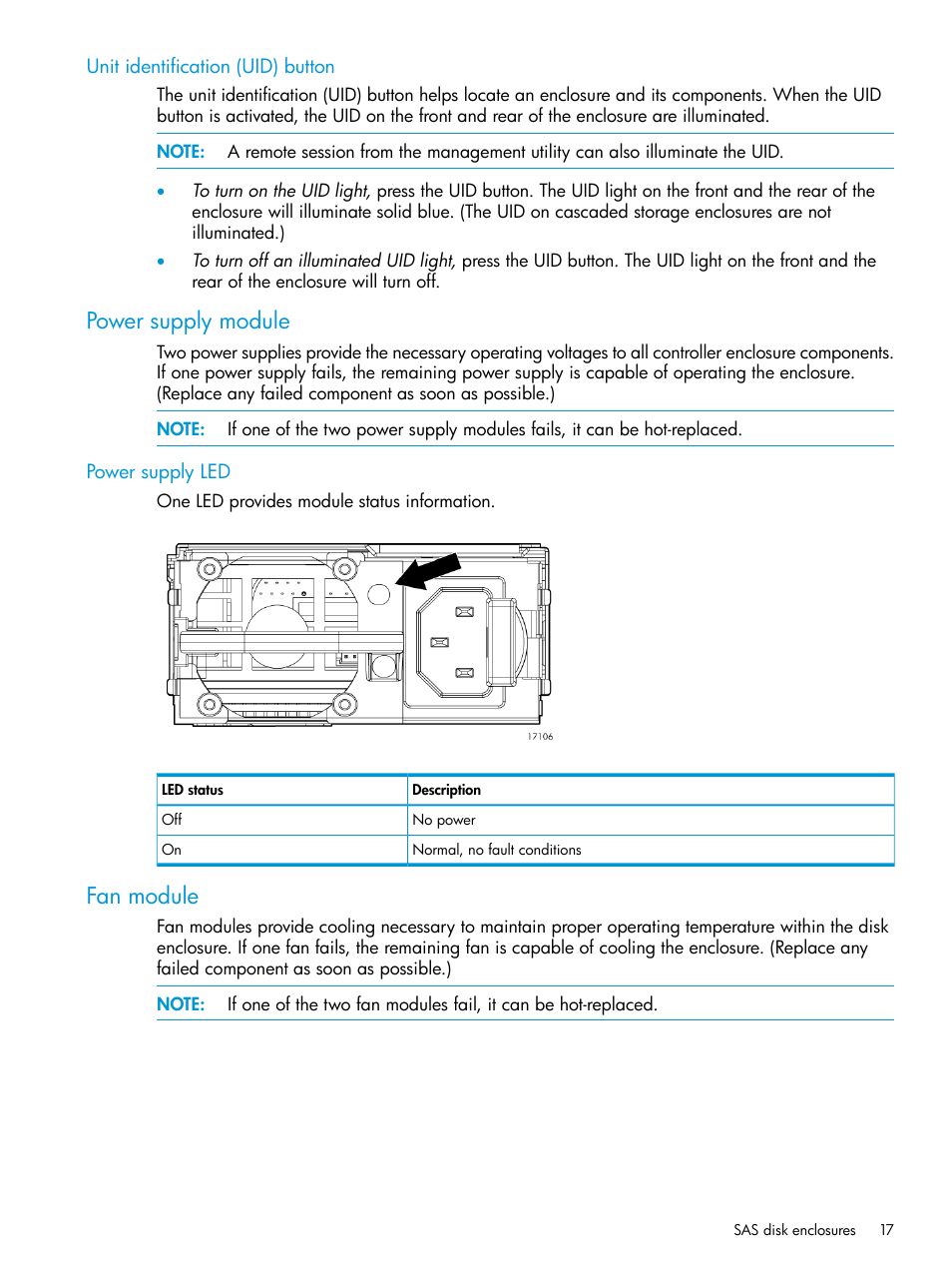 Unit identification (uid) button, Power supply module, Power supply led | Fan module | HP EVA P6000 Storage User Manual | Page 17 / 316