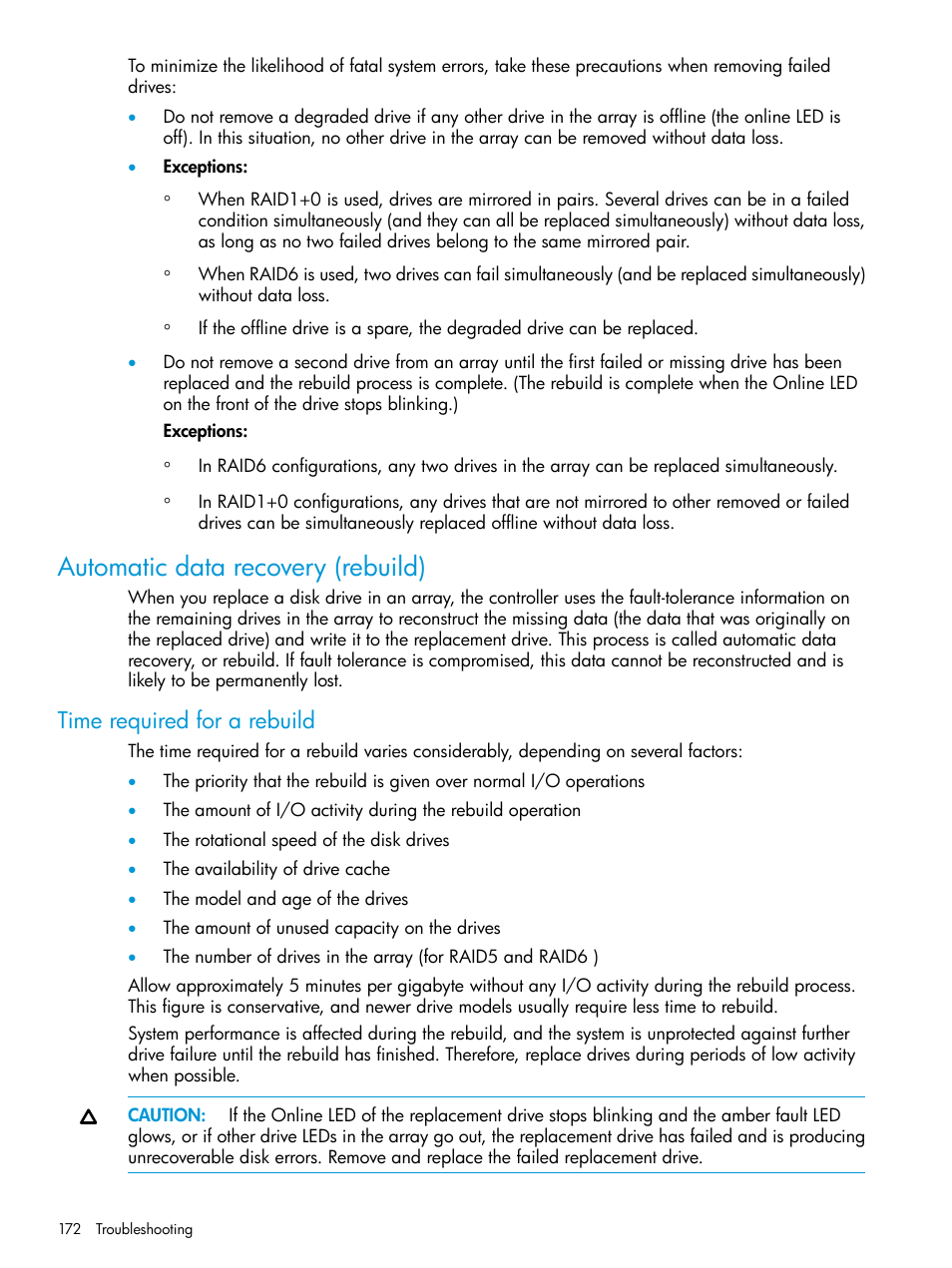 Automatic data recovery (rebuild), Time required for a rebuild | HP EVA P6000 Storage User Manual | Page 172 / 316