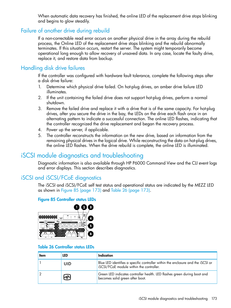 Failure of another drive during rebuild, Handling disk drive failures, Iscsi module diagnostics and troubleshooting | Iscsi and iscsi/fcoe diagnostics | HP EVA P6000 Storage User Manual | Page 173 / 316