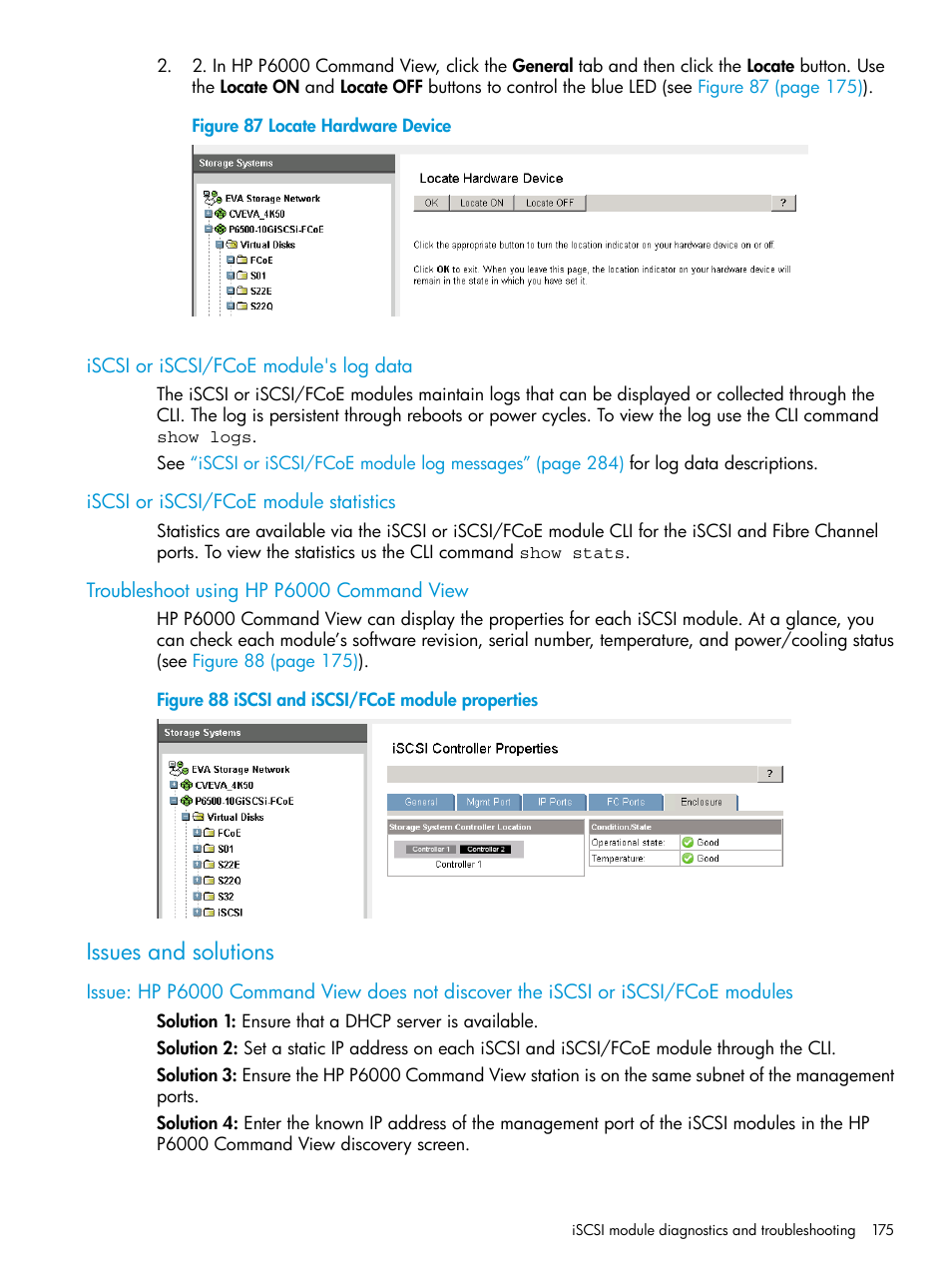 Iscsi or iscsi/fcoe module's log data, Iscsi or iscsi/fcoe module statistics, Troubleshoot using hp p6000 command view | Issues and solutions | HP EVA P6000 Storage User Manual | Page 175 / 316