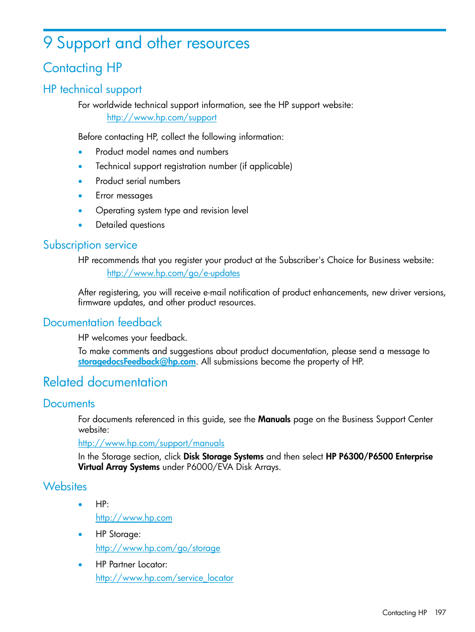 9 support and other resources, Contacting hp, Hp technical support | Subscription service, Documentation feedback, Related documentation, Documents, Websites, Documents websites | HP EVA P6000 Storage User Manual | Page 197 / 316