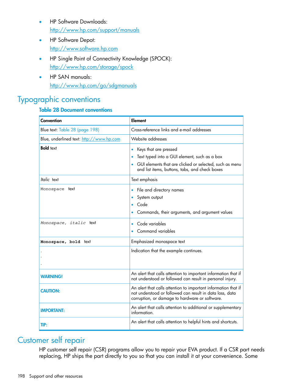 Typographic conventions, Customer self repair, Typographic conventions customer self repair | HP EVA P6000 Storage User Manual | Page 198 / 316