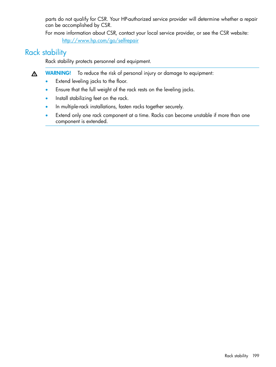 Rack stability | HP EVA P6000 Storage User Manual | Page 199 / 316