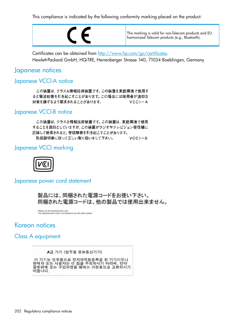 Japanese notices, Japanese vcci-a notice, Japanese vcci-b notice | Japanese vcci marking, Japanese power cord statement, Korean notices, Class a equipment | HP EVA P6000 Storage User Manual | Page 202 / 316