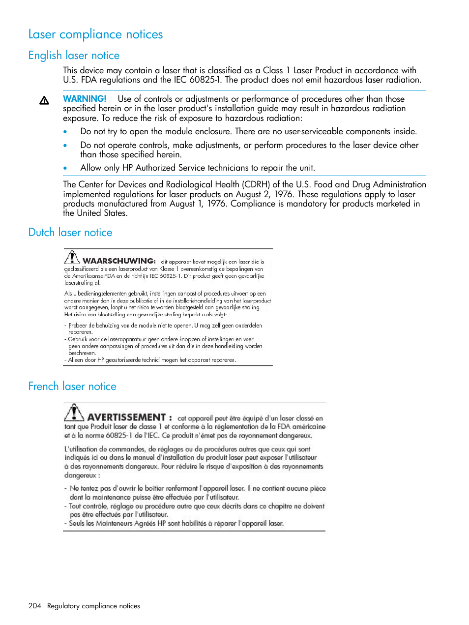 Laser compliance notices, English laser notice, Dutch laser notice | French laser notice, Dutch laser notice french laser notice | HP EVA P6000 Storage User Manual | Page 204 / 316