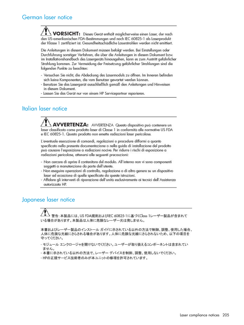 German laser notice, Italian laser notice, Japanese laser notice | HP EVA P6000 Storage User Manual | Page 205 / 316