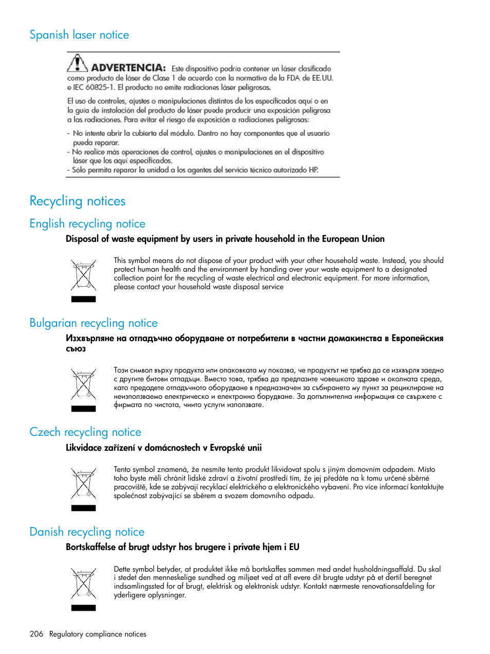 Spanish laser notice, Recycling notices, English recycling notice | Bulgarian recycling notice, Czech recycling notice, Danish recycling notice | HP EVA P6000 Storage User Manual | Page 206 / 316