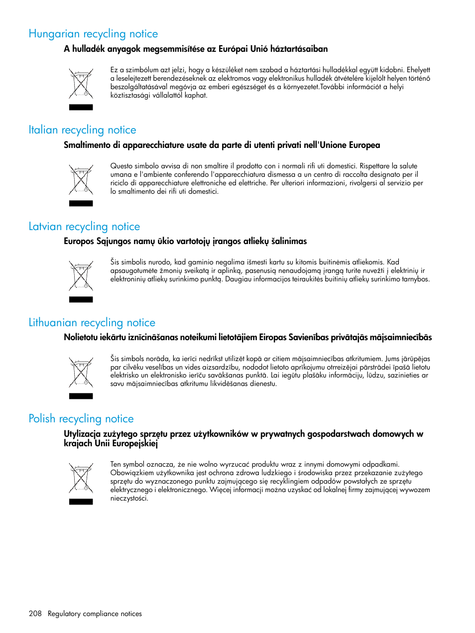 Hungarian recycling notice, Italian recycling notice, Latvian recycling notice | Lithuanian recycling notice, Polish recycling notice | HP EVA P6000 Storage User Manual | Page 208 / 316