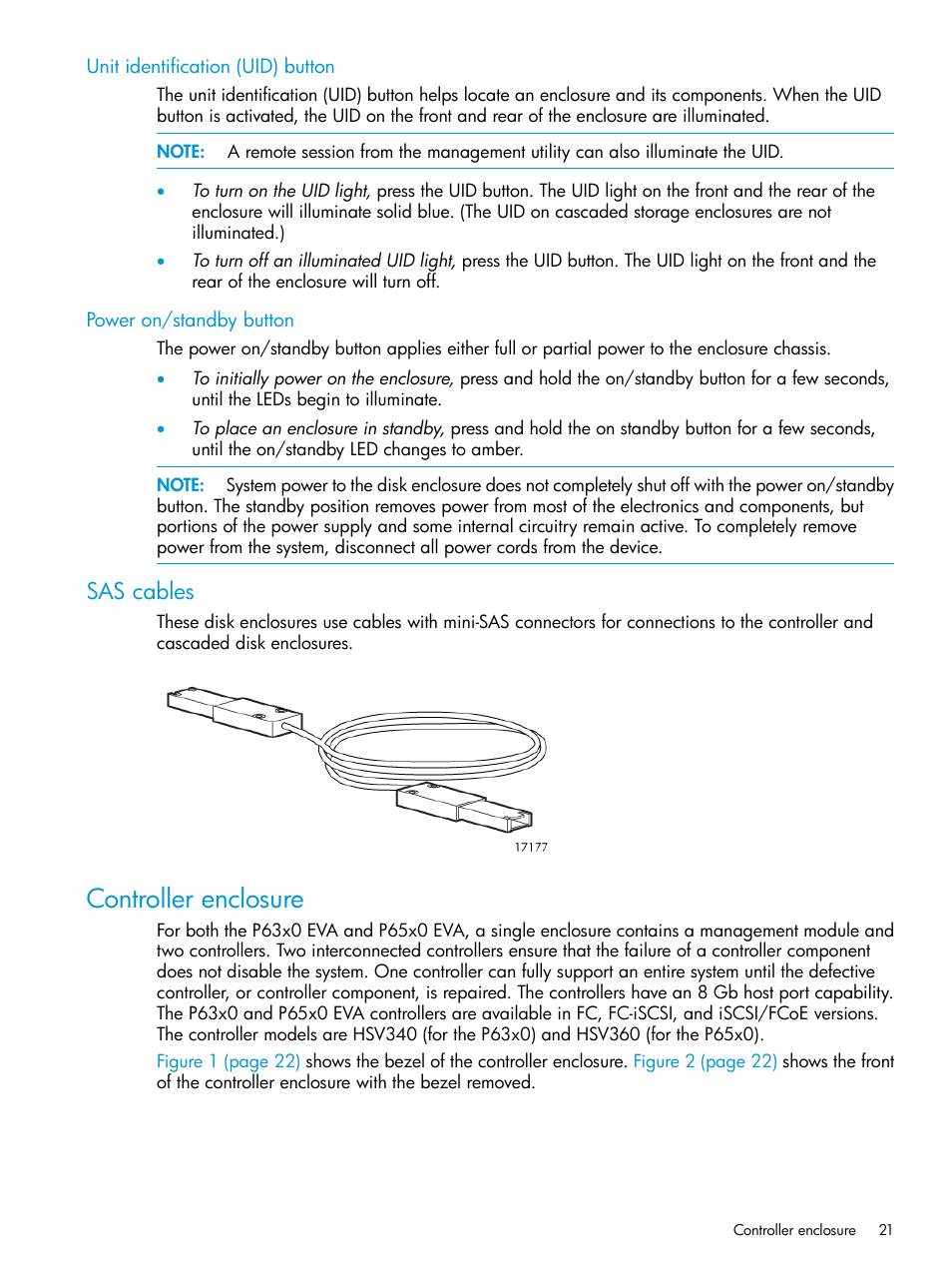 Unit identification (uid) button, Power on/standby button, Sas cables | Controller enclosure | HP EVA P6000 Storage User Manual | Page 21 / 316