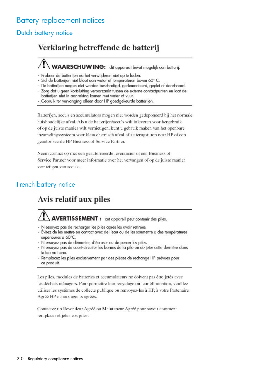 Battery replacement notices, Dutch battery notice, French battery notice | Dutch battery notice french battery notice | HP EVA P6000 Storage User Manual | Page 210 / 316