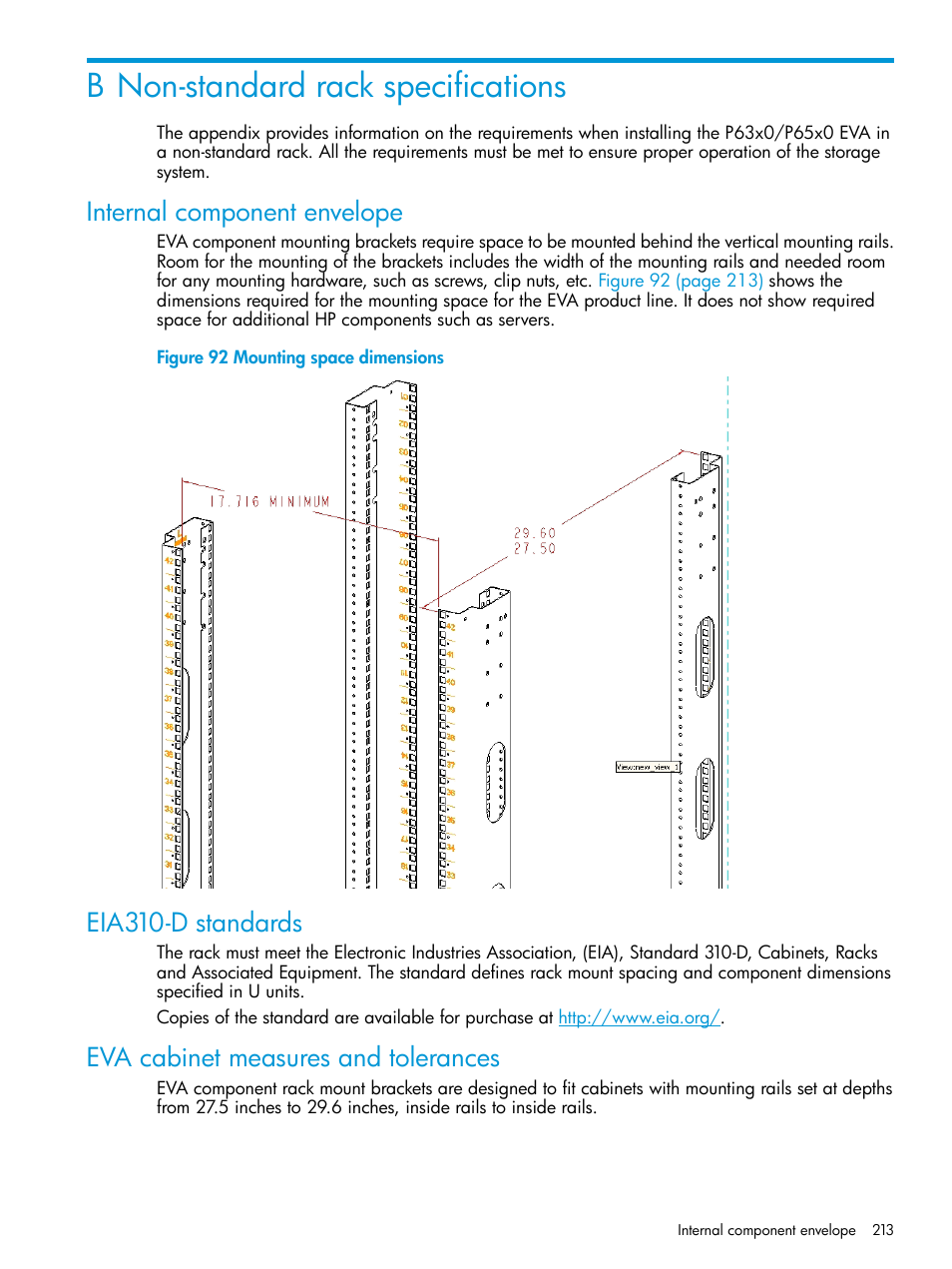 B non-standard rack specifications, Internal component envelope, Eia310-d standards | Eva cabinet measures and tolerances | HP EVA P6000 Storage User Manual | Page 213 / 316