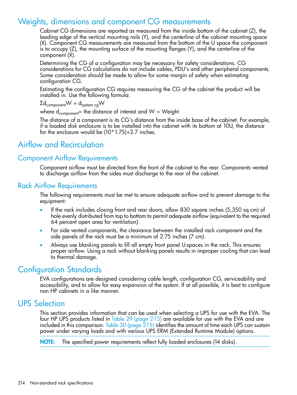 Weights, dimensions and component cg measurements, Airflow and recirculation, Component airflow requirements | Rack airflow requirements, Configuration standards, Ups selection, Configuration standards ups selection | HP EVA P6000 Storage User Manual | Page 214 / 316
